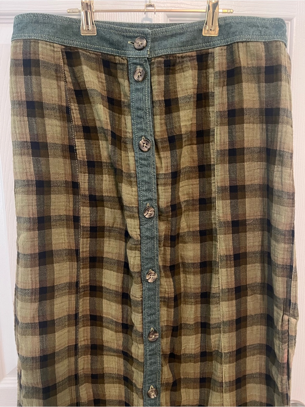 Free People Plaid Denim Trim Button Front Maxi Skirt XS - Picture 7 of 10